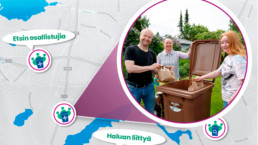 Osa Tampereen karttaa, sen päällä ihmisiä, jotkja laittavat jätteitä biojäteastiaan