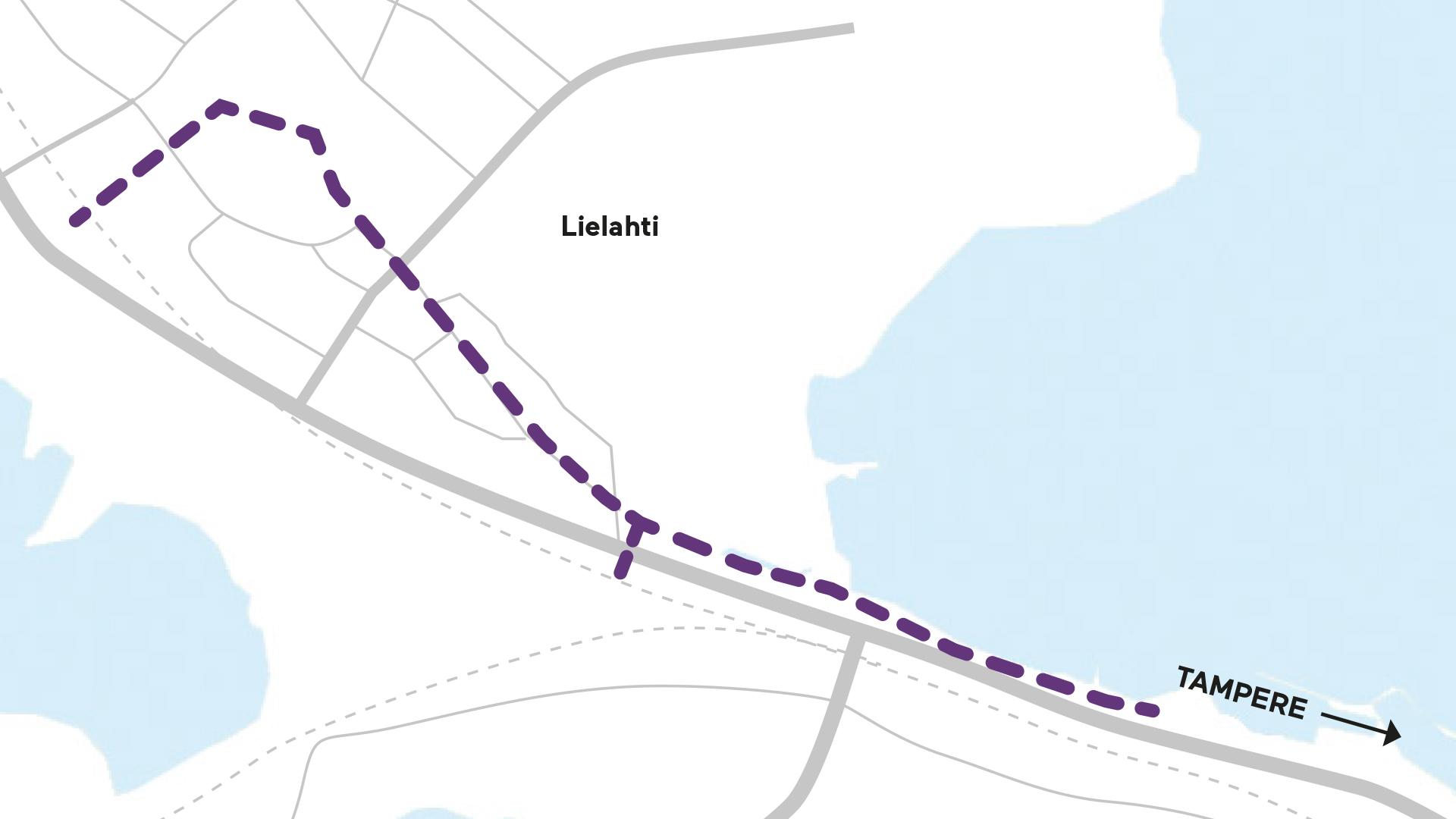 Graafinen karttakuva, jossa violetti viiva kuvastaa maakaapelilinjaa Pölkkylänniemi–Lielahti–Lamminpää-alueella